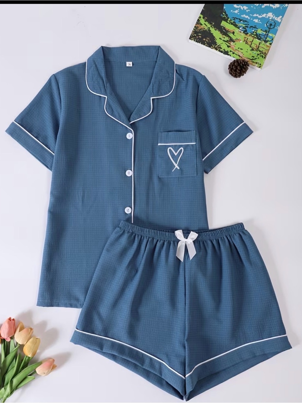 NEW Women’s Blue Short Sleeve Cotton Pajama Set with White Trim